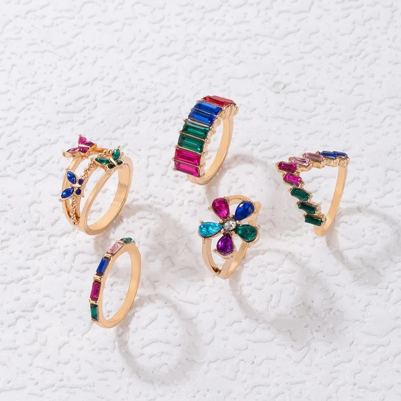 5 Piece Multicolor Butterfly Ring Set