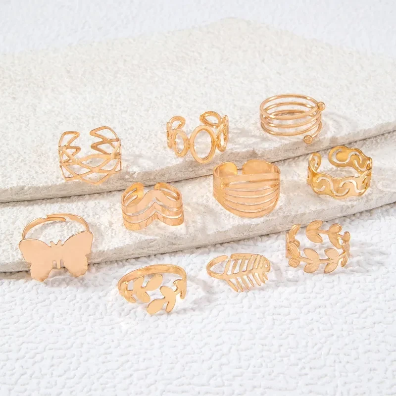 10-Piece Golden Geometric Ring Set