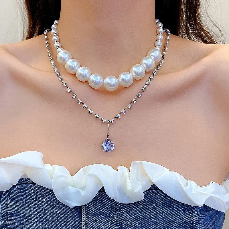 Luxury Double Layer Pearl & Crystal Pendant Necklace